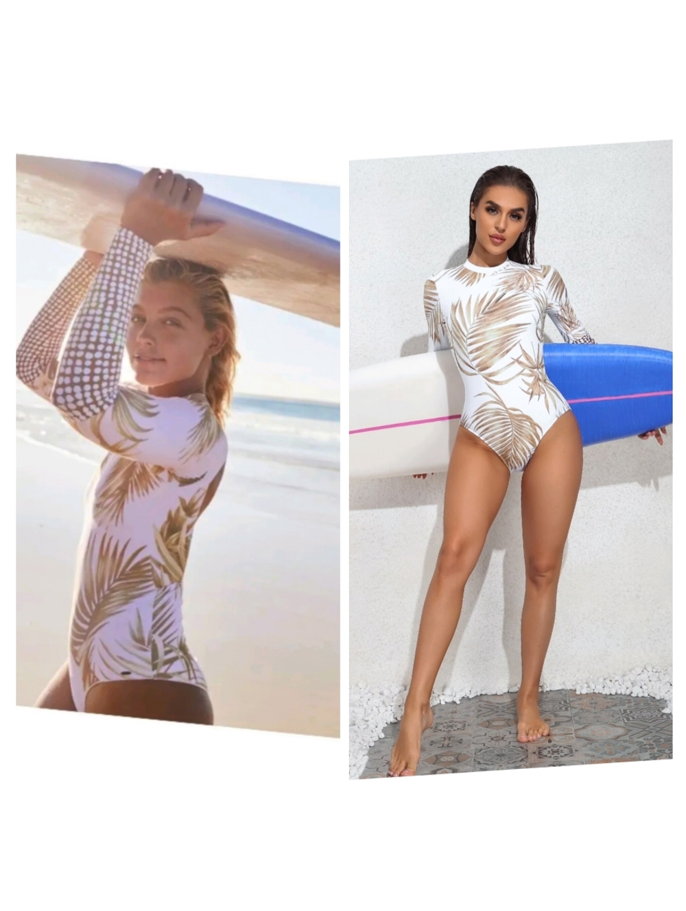 Rip Curl Long Sleeve One-Piece Swimsuit in White and Gold Palm Print
